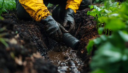 Landscaper Installing Drainage Pipe in Garden with Focus on DIY Construction, Outdoor Maintenance, Efficient Gardening Solutions
