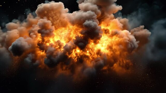 Powerful explosion produces thick smoke against a dark background in a striking visual display, a powerful explosion with a lot of smoke on a black background