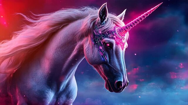 Majestic Unicorn: A vibrant unicorn with flowing mane and a radiant horn stands proudly in a dreamscape, embodying fantasy and magic.