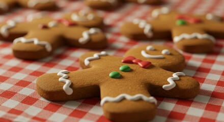Delicious Gingerbread Men Cookies - Close-up of several gingerbread men cookies on a red and white checkered tablecloth. Sweet holiday treat