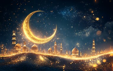 Naklejka premium Glowing Crescent Moon Above Sparkling City Skyline with Domes and Minarets