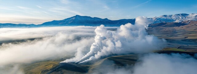 Fototapeta premium Aerial View of Majestic Volcano Erupting Steam and Smoke in Landscape