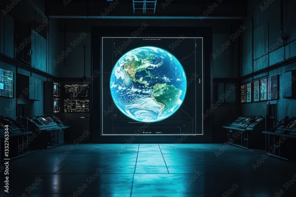 Poster modern control room displaying a large globe map in a high-tech environment