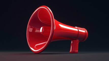 3D red megaphone icon with a shiny, reflective finish. The design is simple and modern, featuring clean lines and smooth curves.