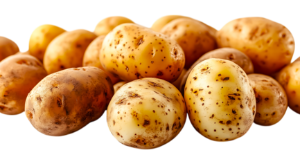 Harvest of fresh, earthy potatoes nestled together under natural light illuminating the textures of their skin and promoting farm-to-table goodness