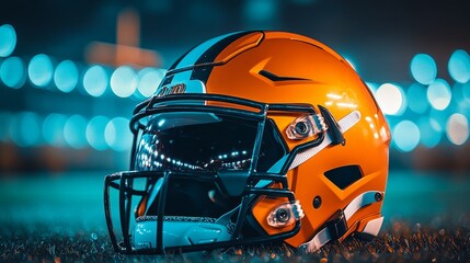 Fototapeta premium An orange and blue american football helmet is seen on green grass with stadium lights. 