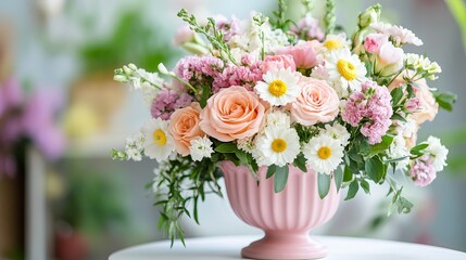 A charming cottage-style floral arrangement placed in a pink vase on a white table, featuring roses, snapdragons, ranunculus, daisies, Sweet William, chrysanthemums, and lush greenery. 