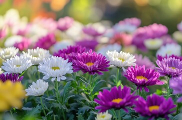 Obraz premium Vibrant Chrysanthemums Blooming in a Colorful Garden with Soft Lighting and Depth of Field Effect Enhancing Floral Beauty in Autumn