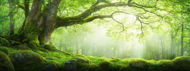 Fototapeta premium Majestic Green Forest With Sunlight Filtering Through Leaves