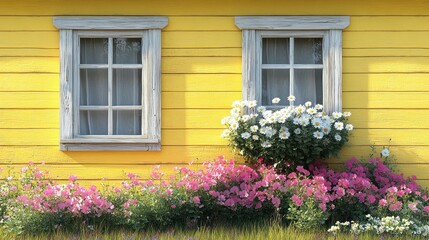 Vibrant yellow house facade with flowers and windows