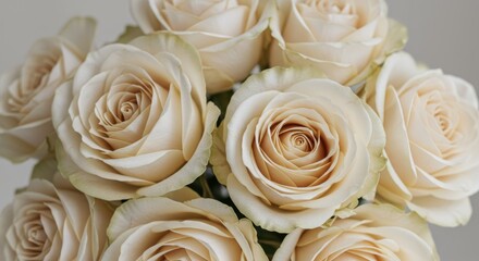 Elegant Bouquet of Creamy White Roses - A close-up view of delicate, creamy white roses with soft golden centers, symbolizing purity, love, elegance, beauty, and grace