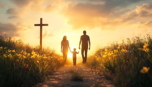 Family walking towards a cross at sunset. Silhouettes of a family and cross against a setting sun. Concept of family faith, Easter, hope, togetherness, unity in belief, and Christian values