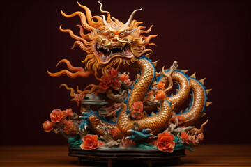 Fototapeta premium A vibrant sculptural representation of a dragon intertwined with colorful flowers, showcasing craftsmanship and cultural significance in an artistic display.