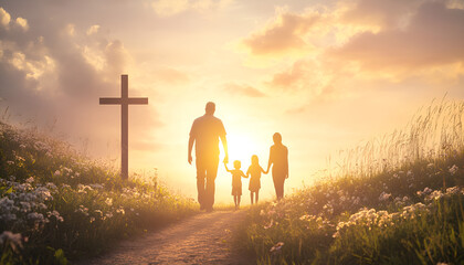 Family walking towards a cross at sunset. Silhouettes of a family and cross against a setting sun. Concept of family faith, Easter, hope, togetherness, unity in belief, and Christian values