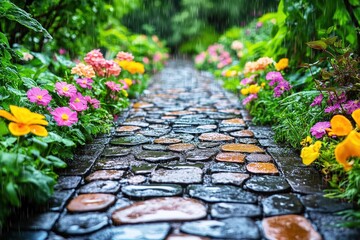 Tranquil cobblestone garden path adorned with vibrant flowers under soft rainfall