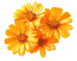 Close-up of vibrant orange cosmos flowers on white background