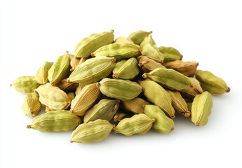 Pile of green cardamom pods on white background