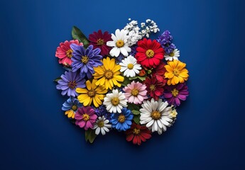 Obraz premium Vibrant Collection of Colorful Flowers on a Bold Blue Background Showcasing a Variety of Petals and Natural Beauty in a Floral Arrangement
