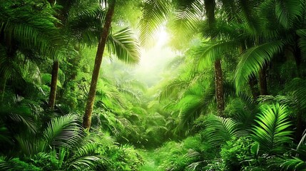 Lush Tropical Rainforest Canopy Bathed in Sunlight with Towering Palm Trees