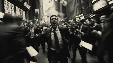 Aggressive businessman screaming and running with a determined look down a crowded street