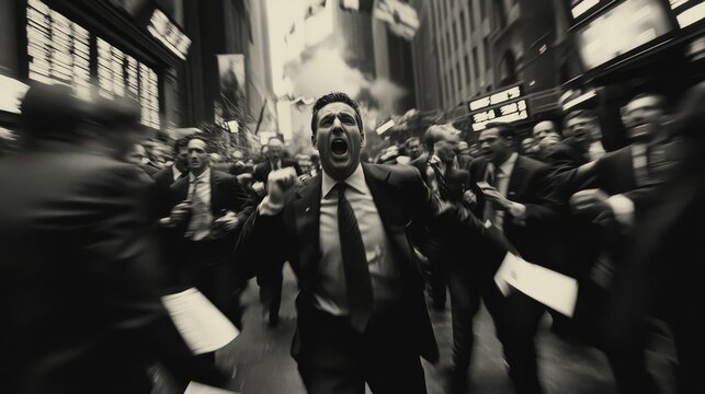 Aggressive businessman screaming and running with a determined look down a crowded street