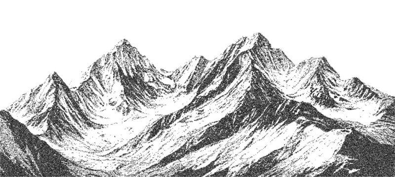 Pointillist grunge texture over abstract dotted mountain range. Vintage photocopy of snowy hills, grainy noise in mounted landscape. Retro halftone vector illustration.