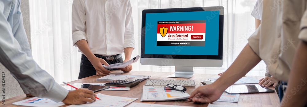 Poster Virus warning alert on computer screen detected brisk cyber threat , hacker, computer virus and malware