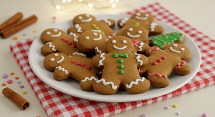 Festive Gingerbread Men Cookies on Plate - Delicious gingerbread men cookies arranged on a plate, a symbol of holiday baking, festive cheer, sweet treats, winter holidays, and family gatherings