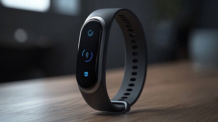 Fitness tracker on wooden table, health app interface, dark background, lifestyle tech