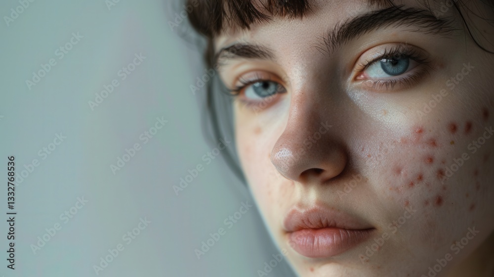 Poster young woman with hormonal acne expressing sadness in a close up shot focused on skin texture and emo