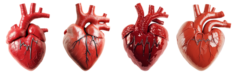 Realistic Human Heart Illustrations for Medical and Educational Use, Isolated on Transparent Background