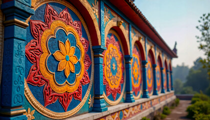 Artistically decorated wall with colorful circular floral patterns, showcasing symmetry and vibrant colors in a garden setting.