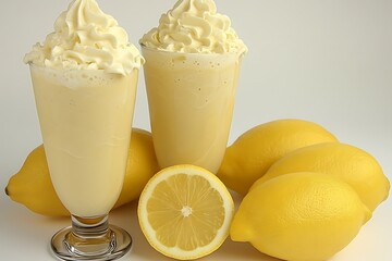 Refreshing Lemonade Shake with Creamy Topping and Fresh Lemons on White Background