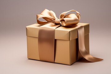 Obraz premium An elegant golden gift box with a ribbon, showcasing luxury and celebration, placed on a soft, neutral background. Perfect for gift-related themes.
