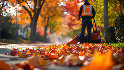 Close-up of a Landscaper Clearing Autumn Leaves with a Leaf Blower on a Sunny Day. Concept of Outdoor Maintenance, Seasonal Chores, and Professional Landscaping