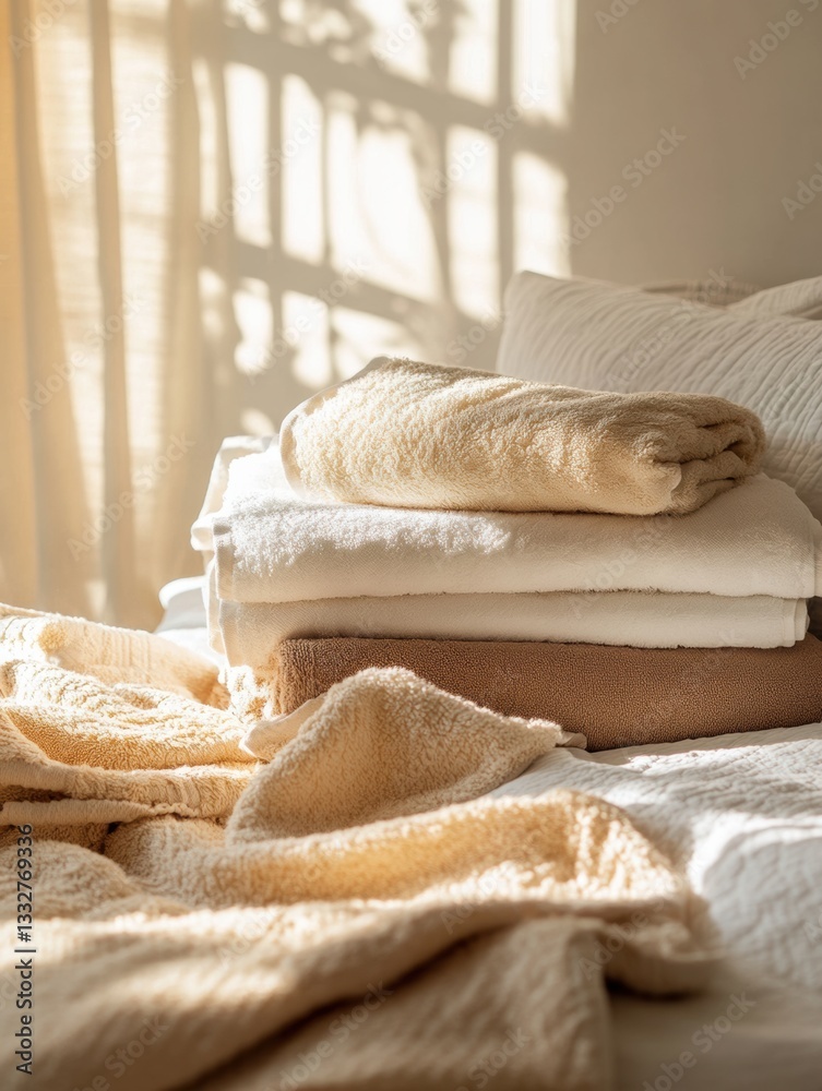 Aufkleber Neatly arranged freshly washed towels and bed linens in a cozy bedroom filled with soft light and warm, inviting colors Generative AI