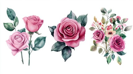 Fototapeta premium A watercolor set of pink rose bouquets, beautifully crafted for Valentine's Day floral arrangements. 