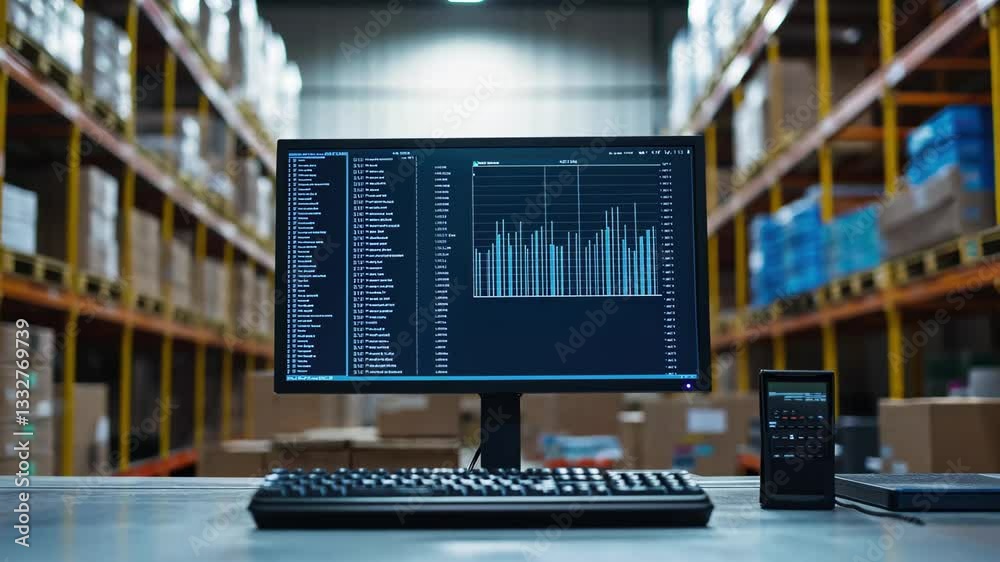 Poster data processing displayed on a computer in a busy warehouse setting during day hours, data processin