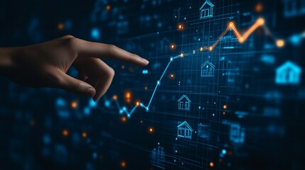 Fototapeta premium A human hand points at a digital financial upward trend