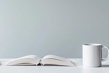 Fototapeta premium serene workspace with open book coffee mug and notebook symbolizing mental growth