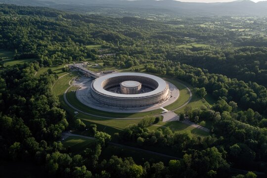 vibrant aerial shot of cern complex emphasizing massive circular structure of lhc