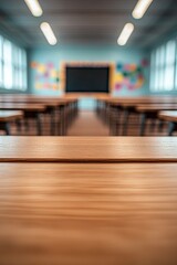 well-lit classroom with rows of empty desks chalkboard and colorful decorations on walls
