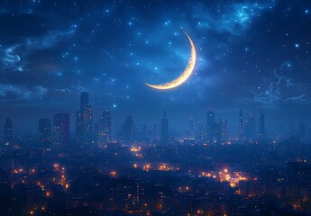 Naklejka premium Serene Night Skyline with Twinkling Stars and Crescent Moon Illuminating Cityscape
