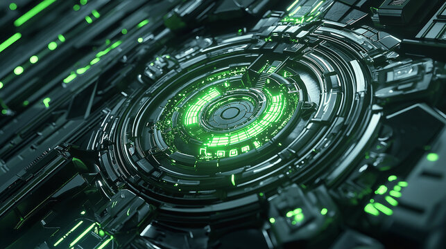 Abstrakte futuristische Computerchip-Illustration mit gr&uuml;nem Licht im Cyberpunk-Stil
