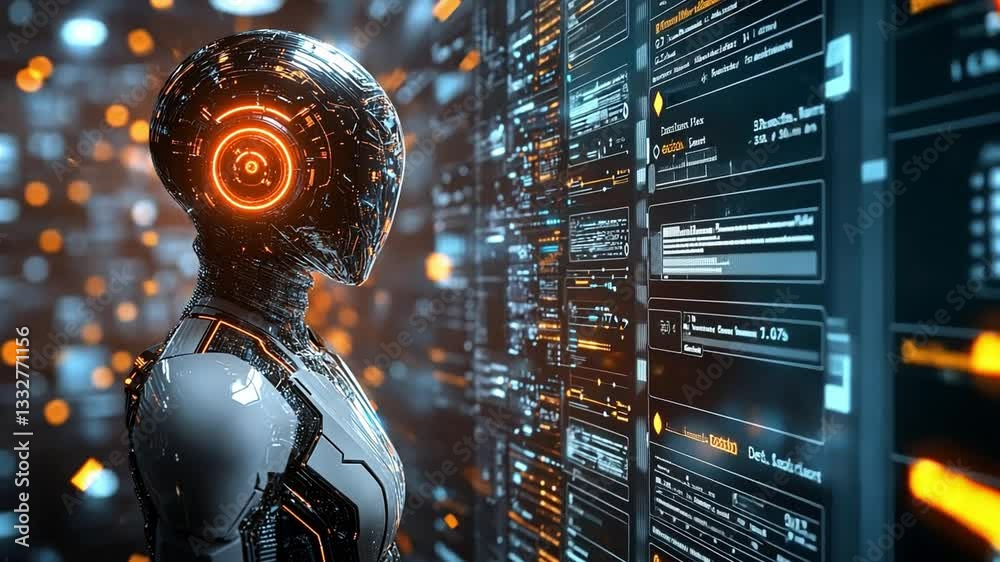 Poster advanced artificial intelligence interacting with digital data in a futuristic environment