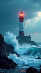 Lighthouse battered by monstrous waves, tsunami imminent , isolated, coastal scene