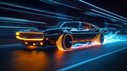 Fototapeta premium Futuristic Muscle Car Speeding Through Neon Cityscape
