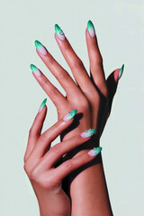Female hands with trendy green nail design on light background, elegant finger pose, artistic shadow and lighting Vibrant Summer Fruit-Inspired Nail Art with Watermelon Patterns