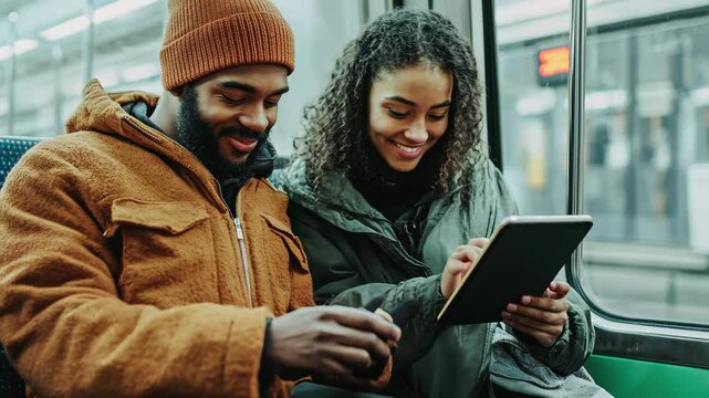 Students collaborate on a digital tablet while commuting on a subway train in an urban environment, couple of students using a digital tablet while sitting on a subway train