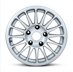 Obraz premium Silver multi-spoke alloy car wheel rim isolated on white background, premium aluminum auto part for vehicle styling and automotive aftermarket industry photography.